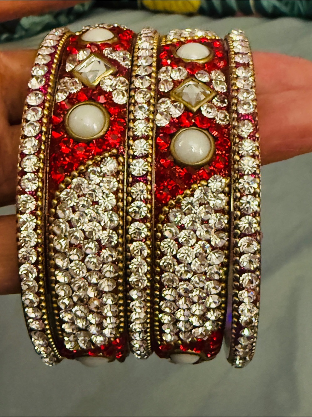 Source Unknown Red and White Crystal Pearl Accent Women's Bangle Bracelet